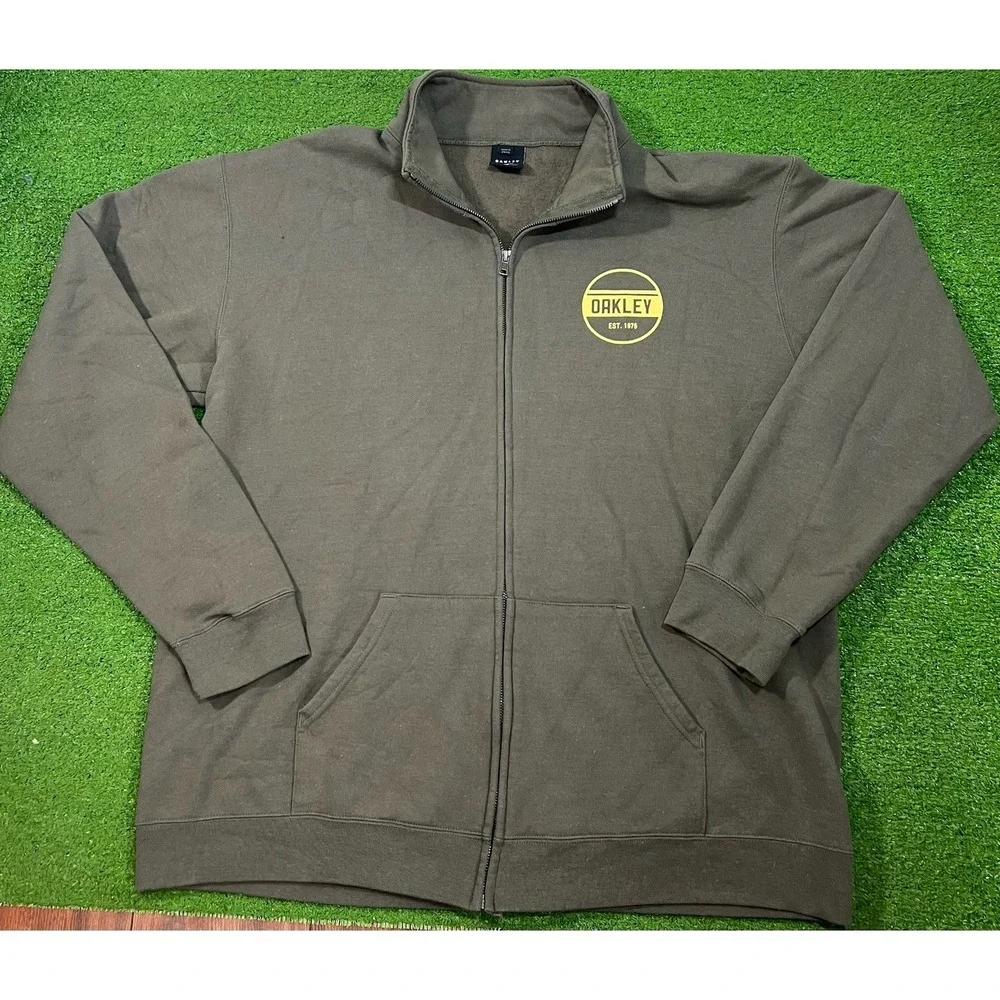 Y2K Oakley Sweatshirt XL Olive Drab Yellow Full Zip Fleece Jacket Mock‎ Neck EUC